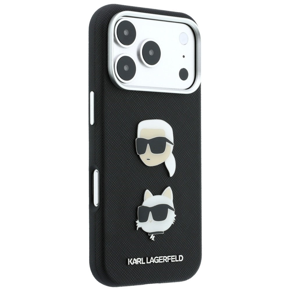 Husa pentru Apple iPhone 18 Pro / 17 Pro, Karl Lagerfeld, Saffiano Crossbody Karl & Choupette Head's Pins Logo, Neagra