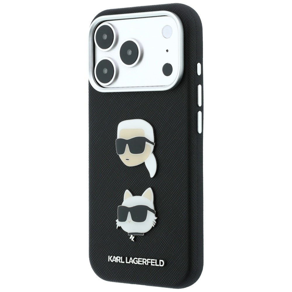 Husa pentru Apple iPhone 18 Pro / 17 Pro, Karl Lagerfeld, Saffiano Crossbody Karl & Choupette Head's Pins Logo, Neagra