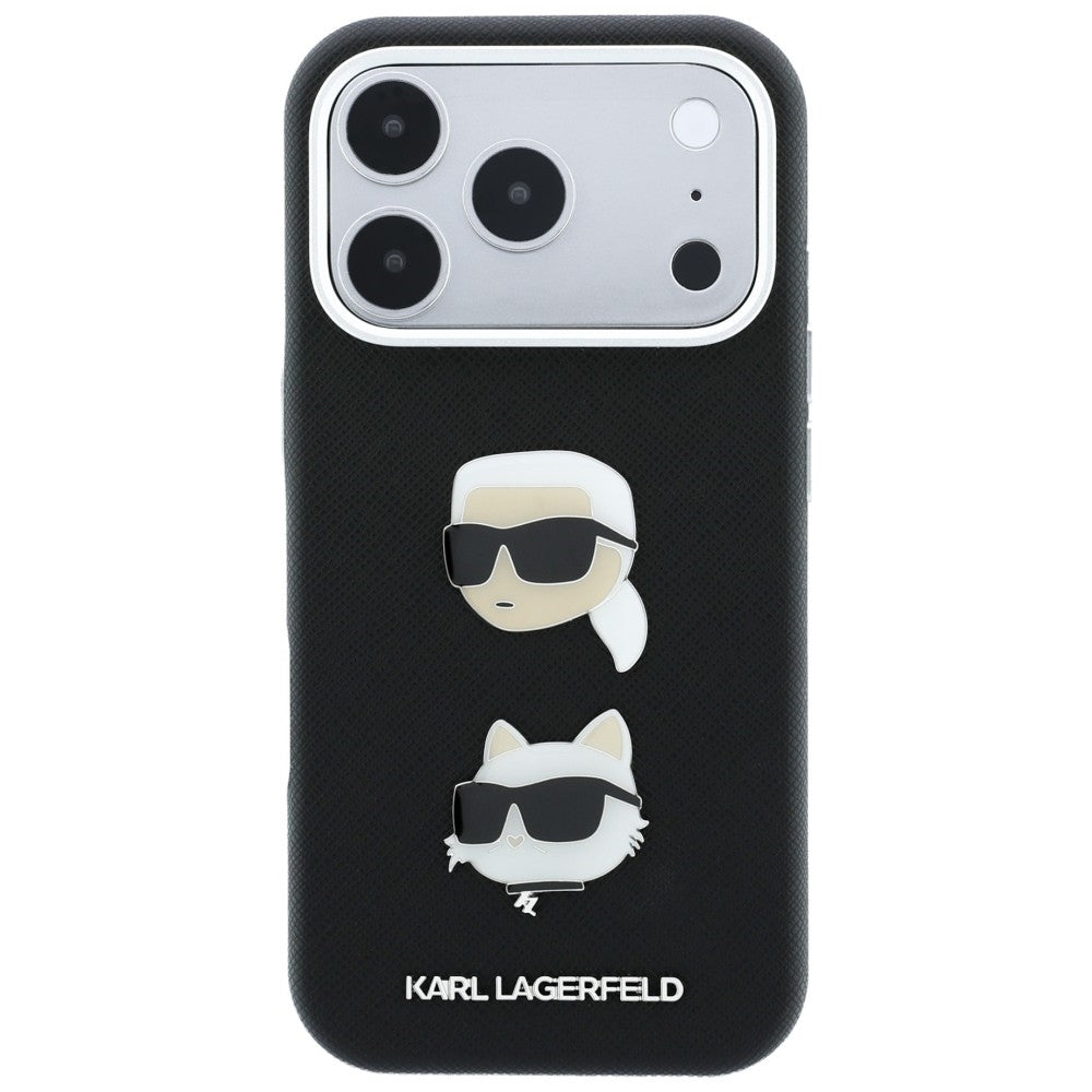 Husa pentru Apple iPhone 18 Pro / 17 Pro, Karl Lagerfeld, Saffiano Crossbody Karl & Choupette Head's Pins Logo, Neagra