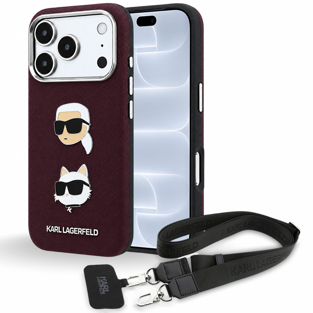 Husa pentru Apple iPhone 18 Pro / 17 Pro, Karl Lagerfeld, Saffiano Crossbody Karl & Choupette Head's Pins Logo, Visinie