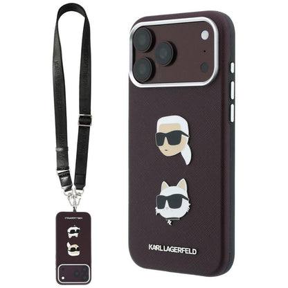Husa pentru Apple iPhone 18 Pro / 17 Pro, Karl Lagerfeld, Saffiano Crossbody Karl & Choupette Head's Pins Logo, Visinie