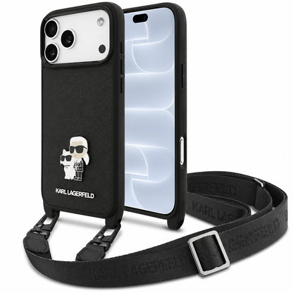 Husa pentru Apple iPhone 18 Pro / 17 Pro, Karl Lagerfeld, Saffiano Crossbody Metal Pin Karl & Choupette, Neagra