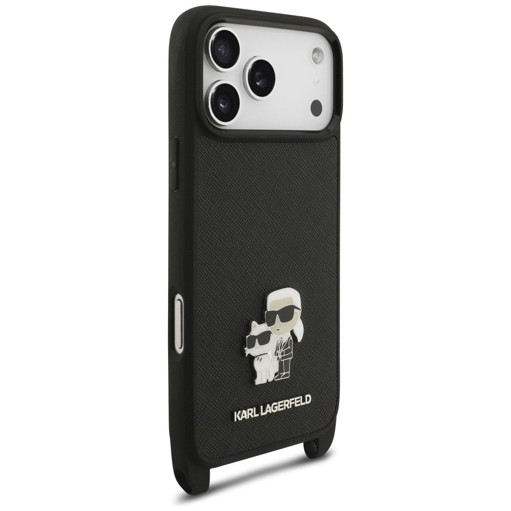 Husa pentru Apple iPhone 18 Pro / 17 Pro, Karl Lagerfeld, Saffiano Crossbody Metal Pin Karl & Choupette, Neagra
