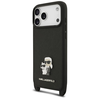 Husa pentru Apple iPhone 18 Pro / 17 Pro, Karl Lagerfeld, Saffiano Crossbody Metal Pin Karl & Choupette, Neagra