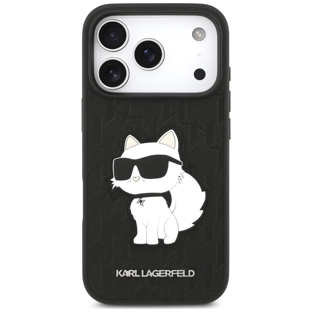 Husa pentru Apple iPhone 18 Pro / 17 Pro, Karl Lagerfeld, Saffiano Mono Patch Choupette, Neagra