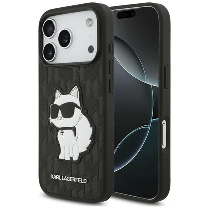 Husa pentru Apple iPhone 18 Pro / 17 Pro, Karl Lagerfeld, Saffiano Mono Patch Choupette, Neagra