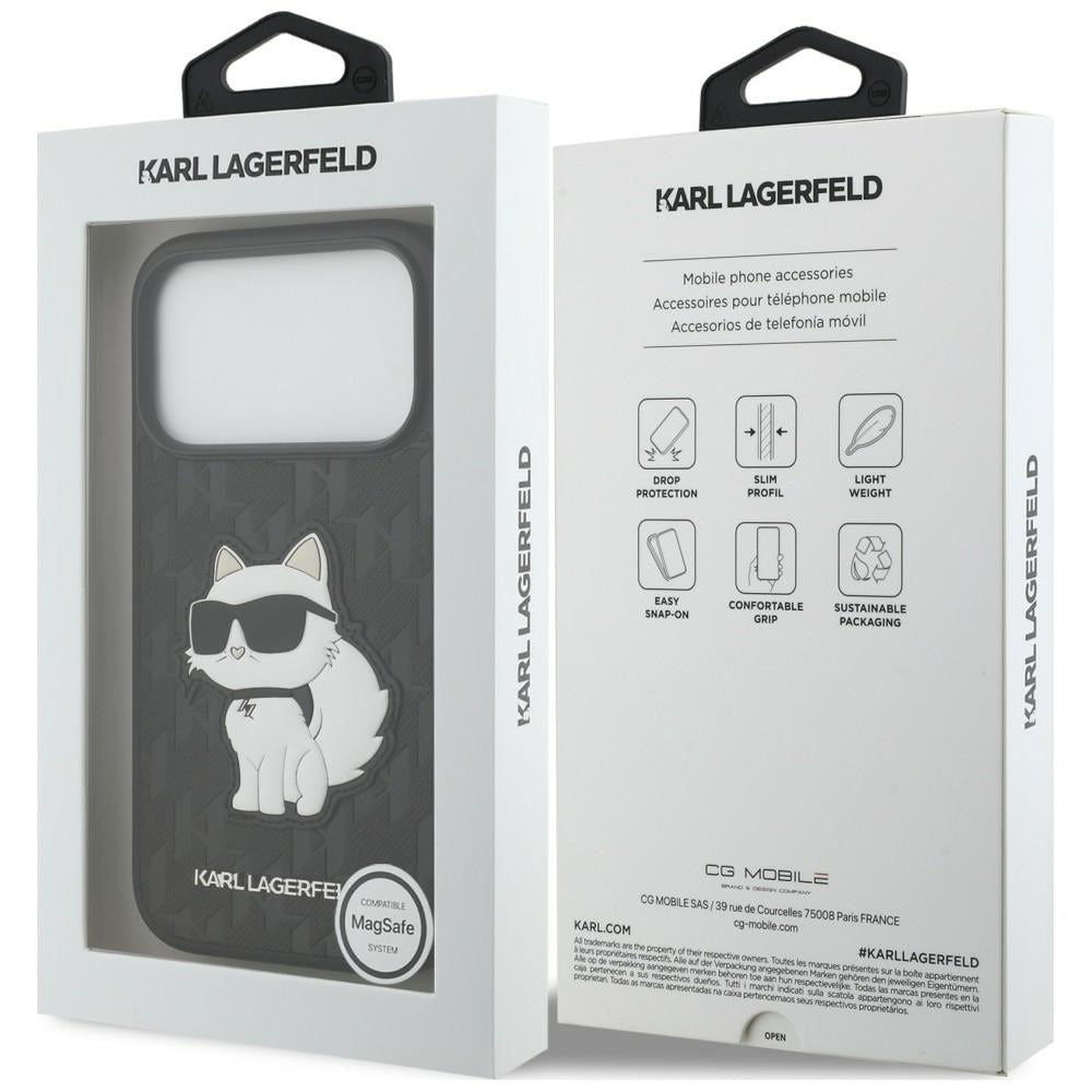 Husa pentru Apple iPhone 18 Pro / 17 Pro, Karl Lagerfeld, Saffiano Mono Patch Choupette, Neagra