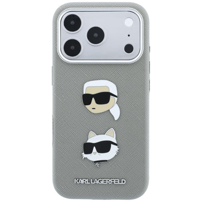 Husa pentru Apple iPhone 18 Pro / 17 Pro, Karl Lagerfeld, Saffiano with Karl & Choupette Head's Pin and Logo, Gri
