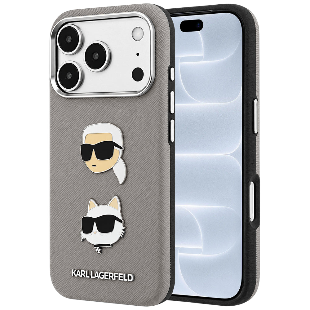Husa pentru Apple iPhone 18 Pro / 17 Pro, Karl Lagerfeld, Saffiano with Karl & Choupette Head's Pin and Logo, Gri
