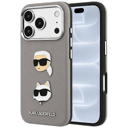 Husa pentru Apple iPhone 18 Pro / 17 Pro, Karl Lagerfeld, Saffiano with Karl & Choupette Head's Pin and Logo, Gri