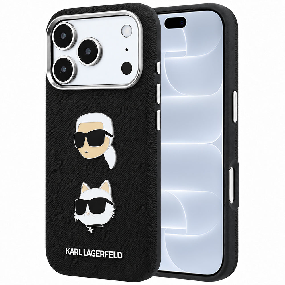 Husa pentru Apple iPhone 18 Pro / 17 Pro, Karl Lagerfeld, Saffiano with Karl & Choupette Head's Pin and Logo, Neagra