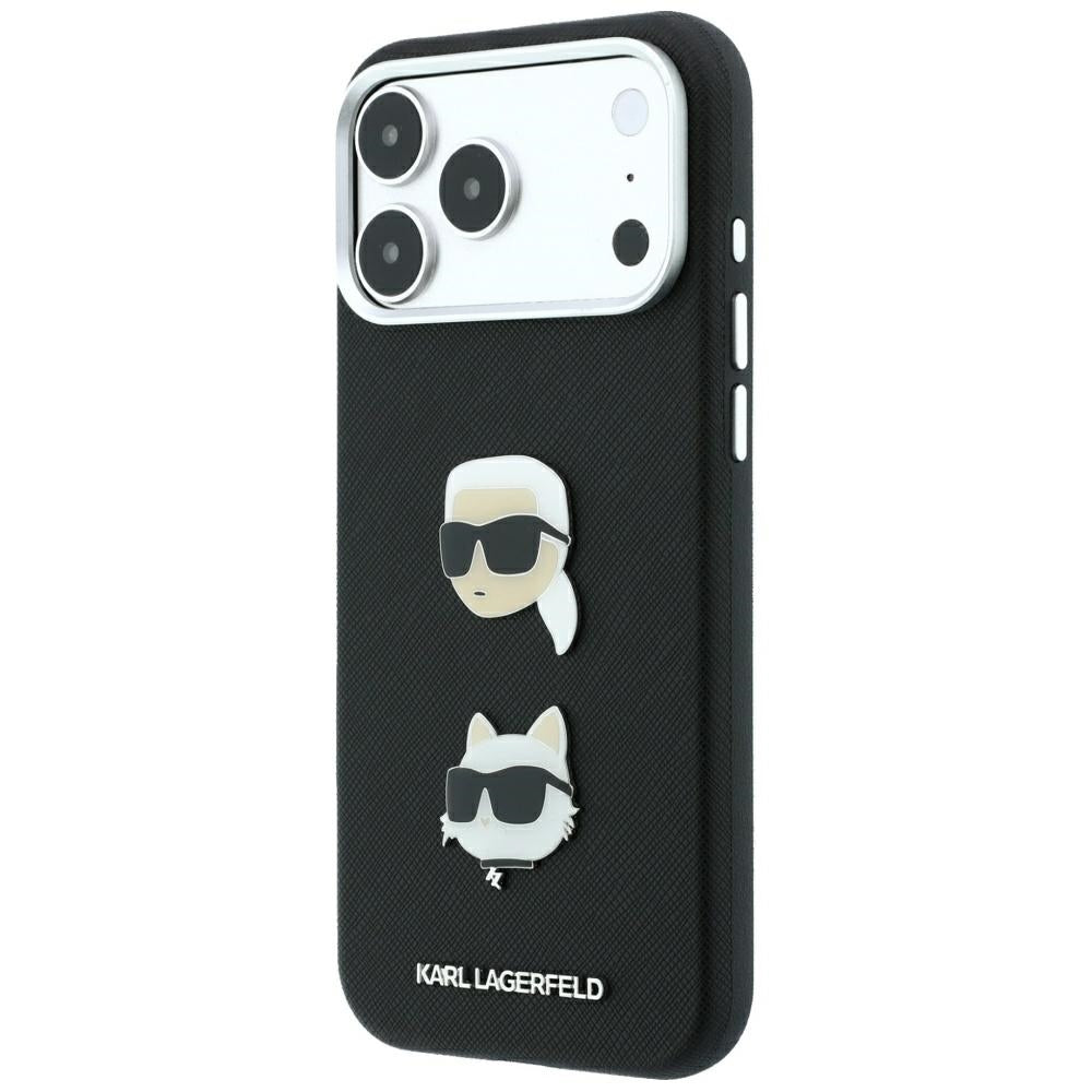 Husa pentru Apple iPhone 18 Pro / 17 Pro, Karl Lagerfeld, Saffiano with Karl & Choupette Head's Pin and Logo, Neagra