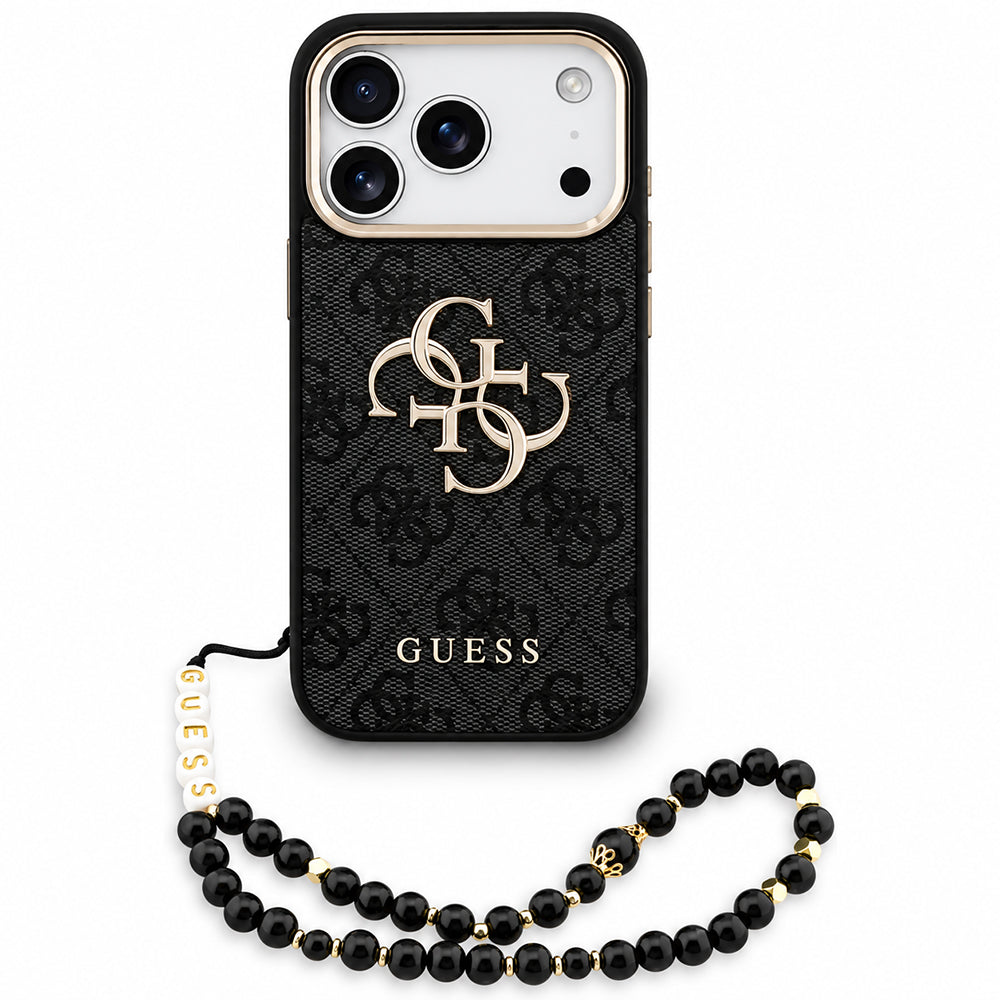 Husa pentru Apple iPhone 18 Pro Max / 17 Pro Max, Guess, 4G Classic Logo with Strap, Neagra Aurie