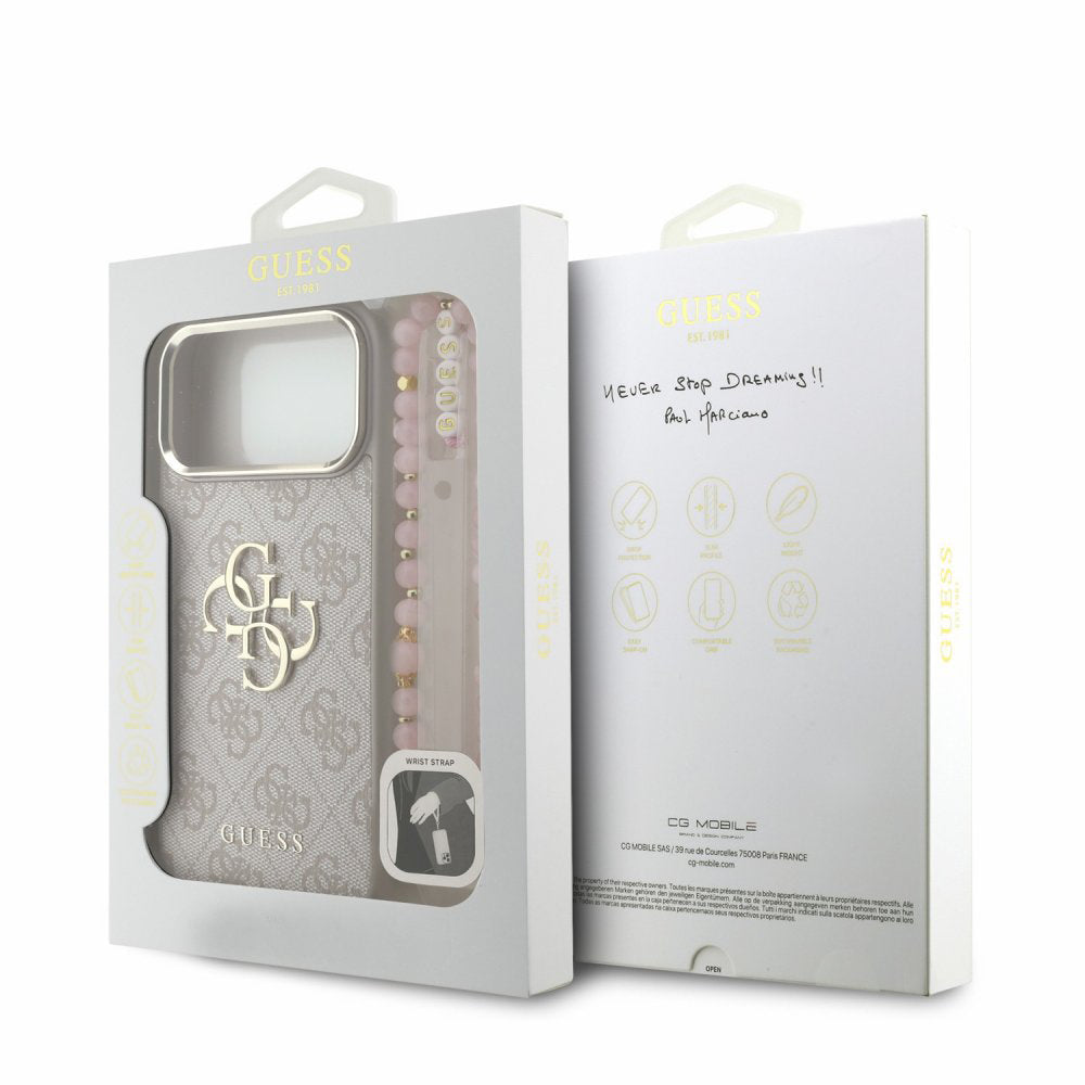 Husa pentru Apple iPhone 18 Pro Max / 17 Pro Max, Guess, 4G Classic Logo with Strap, Roz Aurie