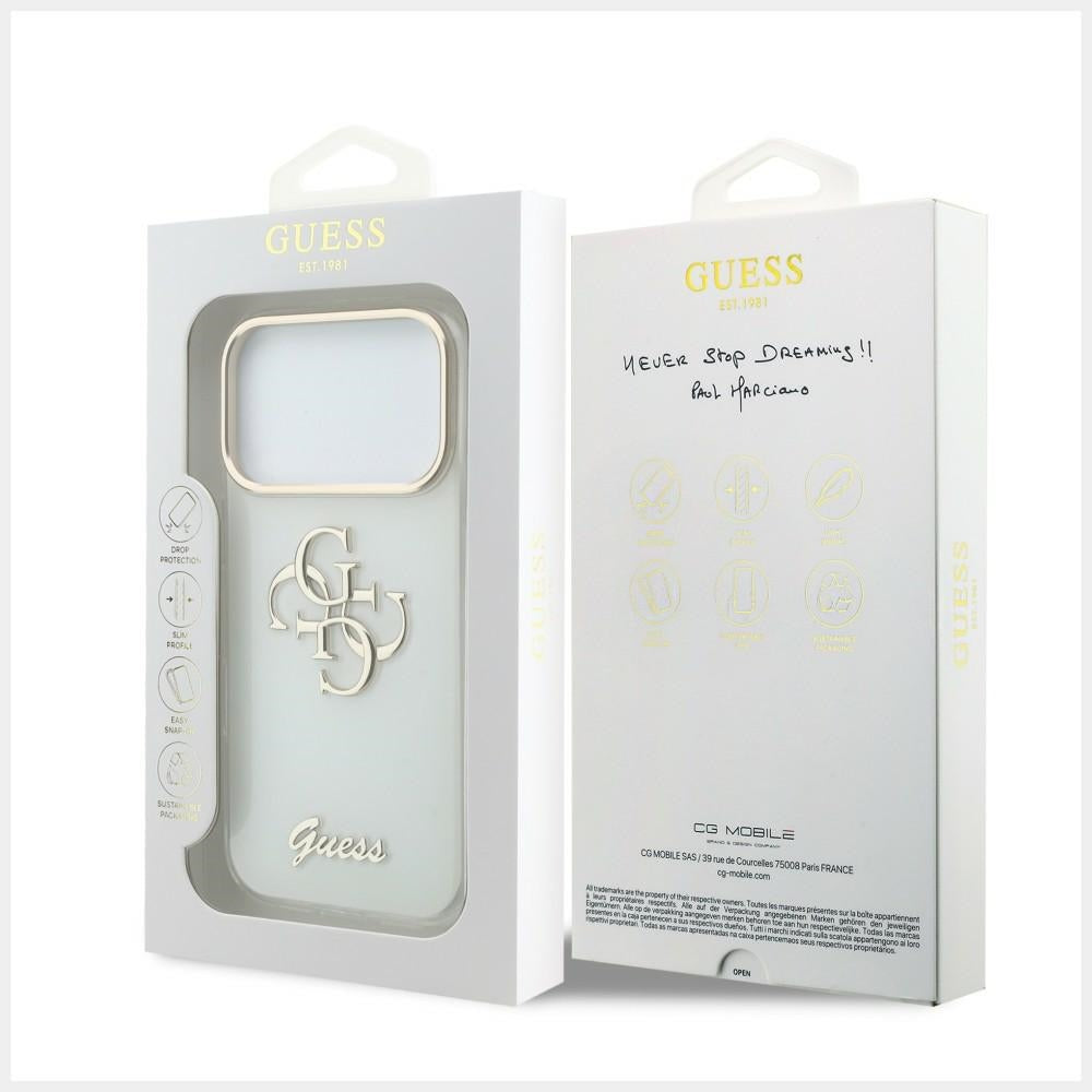 Husa pentru Apple iPhone 18 Pro Max / 17 Pro Max, Guess, IML 4G Metal Script, Alba
