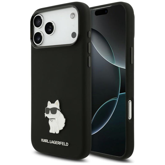 Husa pentru Apple iPhone 18 Pro Max / 17 Pro Max, Karl Lagerfeld, Choupette Metal Pin, Neagra