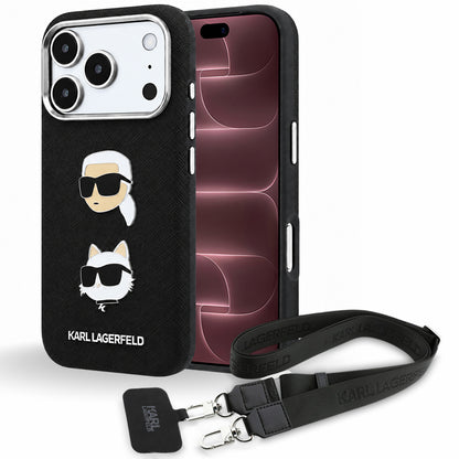 Husa pentru Apple iPhone 18 Pro Max / 17 Pro Max, Karl Lagerfeld, Saffiano Crossbody Karl & Choupette Head's Pins Logo, Neagra