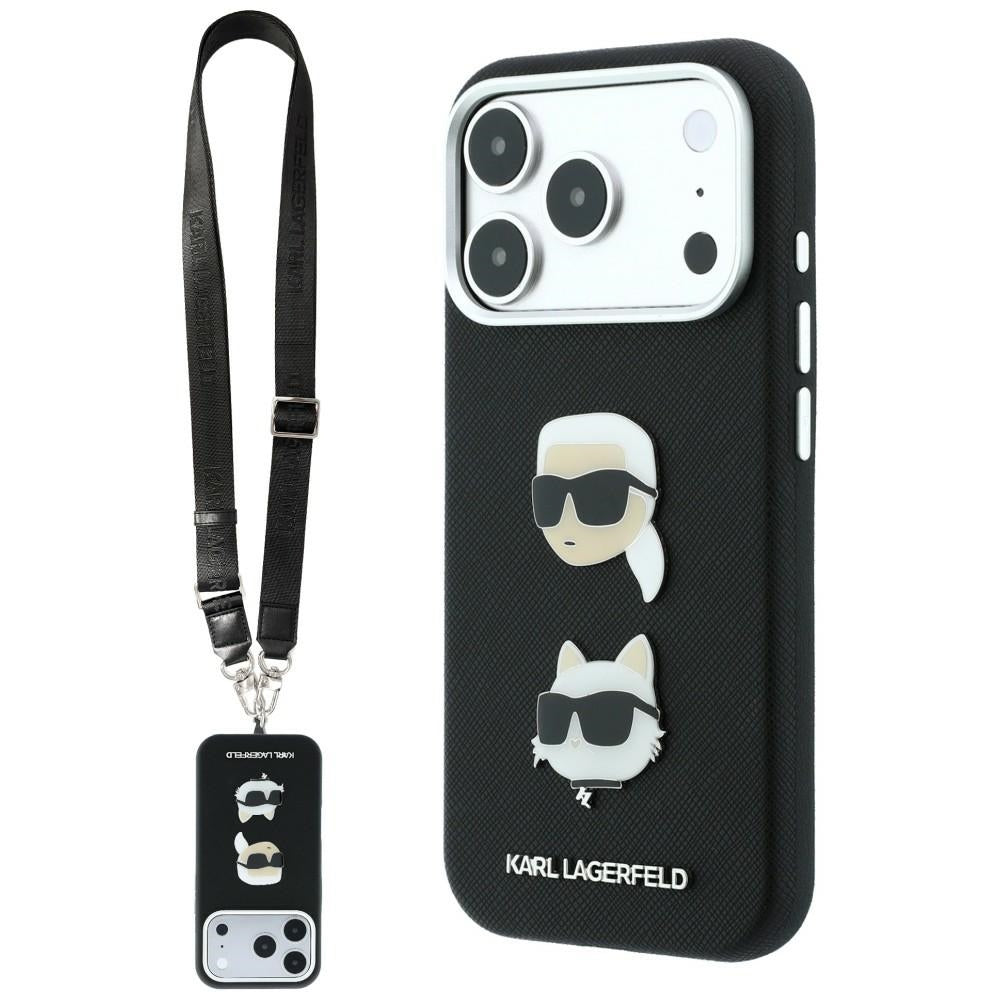 Husa pentru Apple iPhone 18 Pro Max / 17 Pro Max, Karl Lagerfeld, Saffiano Crossbody Karl & Choupette Head's Pins Logo, Neagra