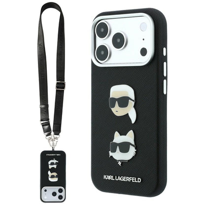 Husa pentru Apple iPhone 18 Pro Max / 17 Pro Max, Karl Lagerfeld, Saffiano Crossbody Karl & Choupette Head's Pins Logo, Neagra