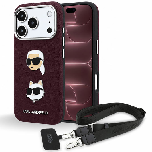 Husa pentru Apple iPhone 18 Pro Max / 17 Pro Max, Karl Lagerfeld, Saffiano Crossbody Karl & Choupette Head's Pins Logo, Visinie