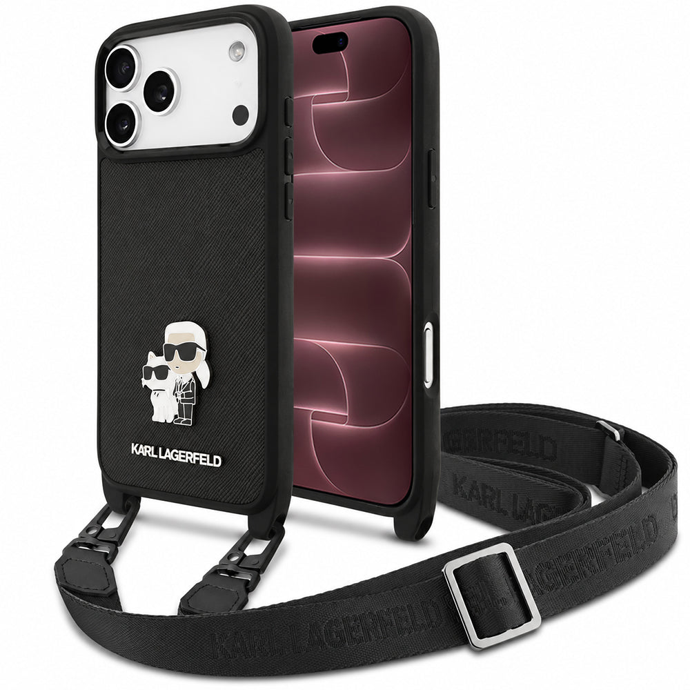 Husa pentru Apple iPhone 18 Pro Max / 17 Pro Max, Karl Lagerfeld, Saffiano Crossbody Metal Pin Karl & Choupette, Neagra