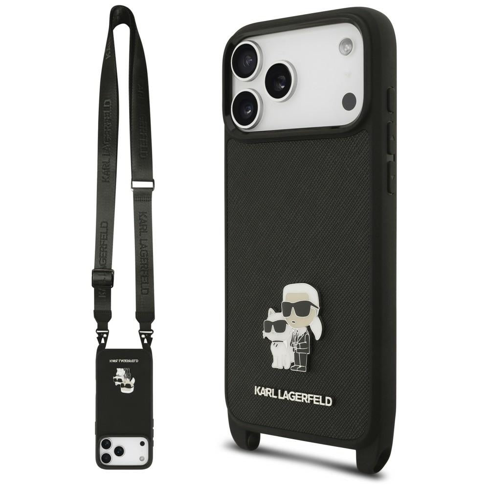 Husa pentru Apple iPhone 18 Pro Max / 17 Pro Max, Karl Lagerfeld, Saffiano Crossbody Metal Pin Karl & Choupette, Neagra