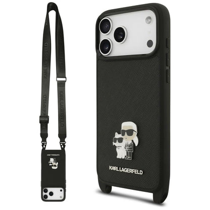 Husa pentru Apple iPhone 18 Pro Max / 17 Pro Max, Karl Lagerfeld, Saffiano Crossbody Metal Pin Karl & Choupette, Neagra
