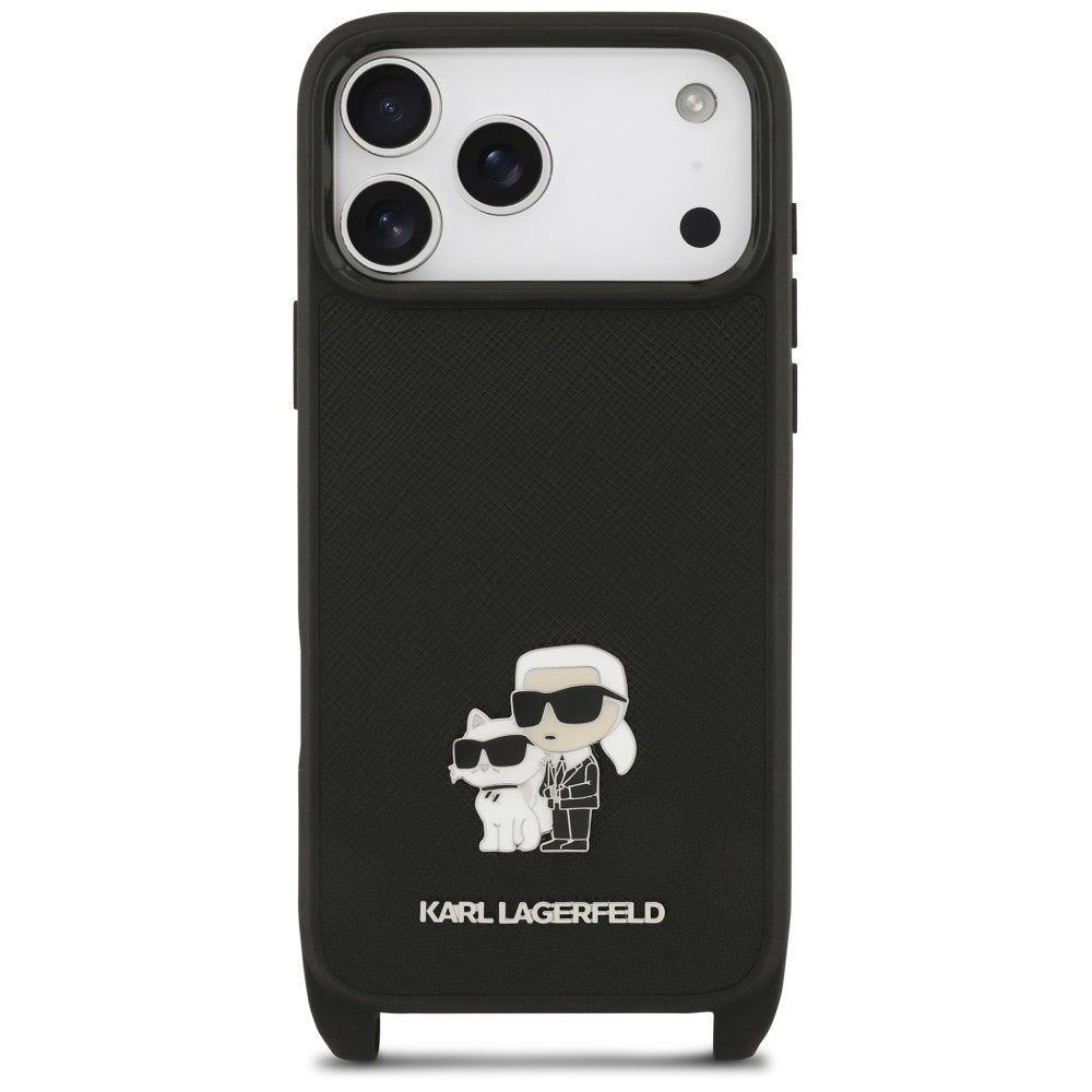 Husa pentru Apple iPhone 18 Pro Max / 17 Pro Max, Karl Lagerfeld, Saffiano Crossbody Metal Pin Karl & Choupette, Neagra