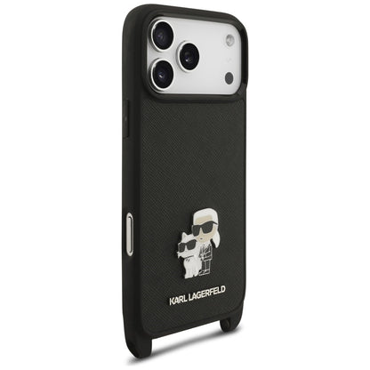 Husa pentru Apple iPhone 18 Pro Max / 17 Pro Max, Karl Lagerfeld, Saffiano Crossbody Metal Pin Karl & Choupette, Neagra