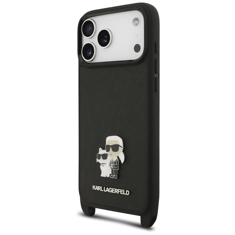 Husa pentru Apple iPhone 18 Pro Max / 17 Pro Max, Karl Lagerfeld, Saffiano Crossbody Metal Pin Karl & Choupette, Neagra