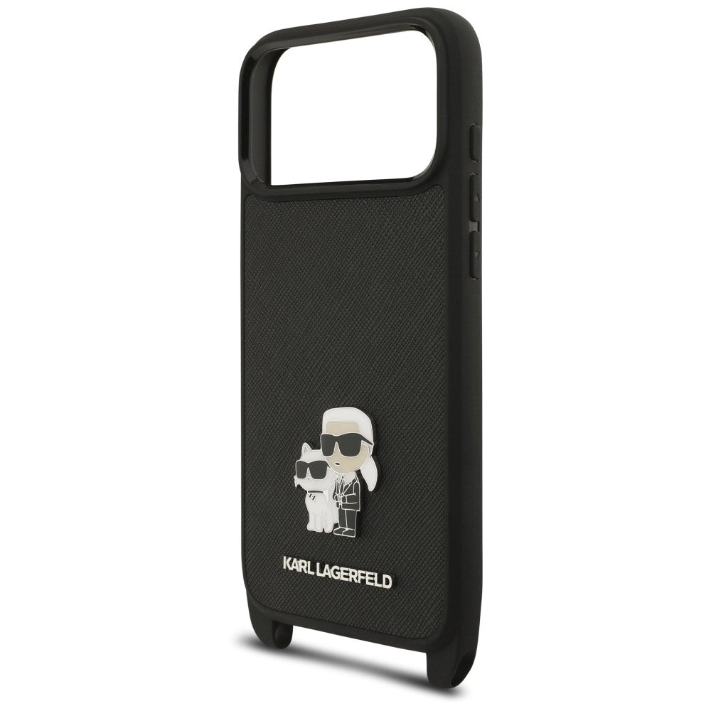 Husa pentru Apple iPhone 18 Pro Max / 17 Pro Max, Karl Lagerfeld, Saffiano Crossbody Metal Pin Karl & Choupette, Neagra