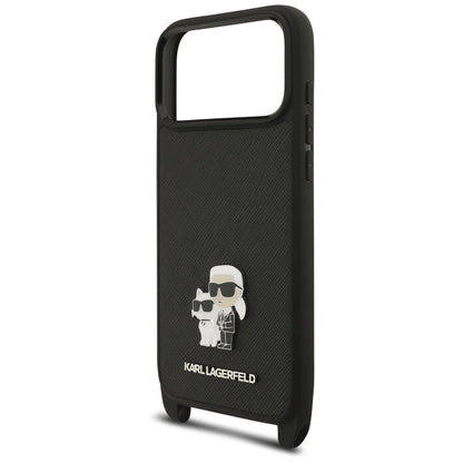 Husa pentru Apple iPhone 18 Pro Max / 17 Pro Max, Karl Lagerfeld, Saffiano Crossbody Metal Pin Karl & Choupette, Neagra
