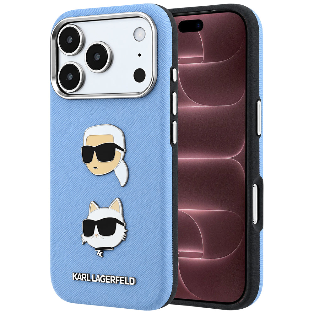 Husa pentru Apple iPhone 18 Pro Max / 17 Pro Max, Karl Lagerfeld, Saffiano with Karl & Choupette Head's Pin and Logo, Bleu