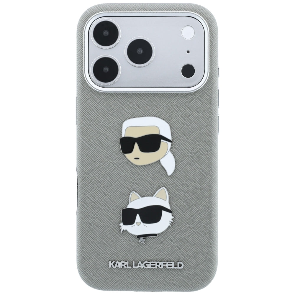Husa pentru Apple iPhone 18 Pro Max / 17 Pro Max, Karl Lagerfeld, Saffiano with Karl & Choupette Head's Pin and Logo, Gri