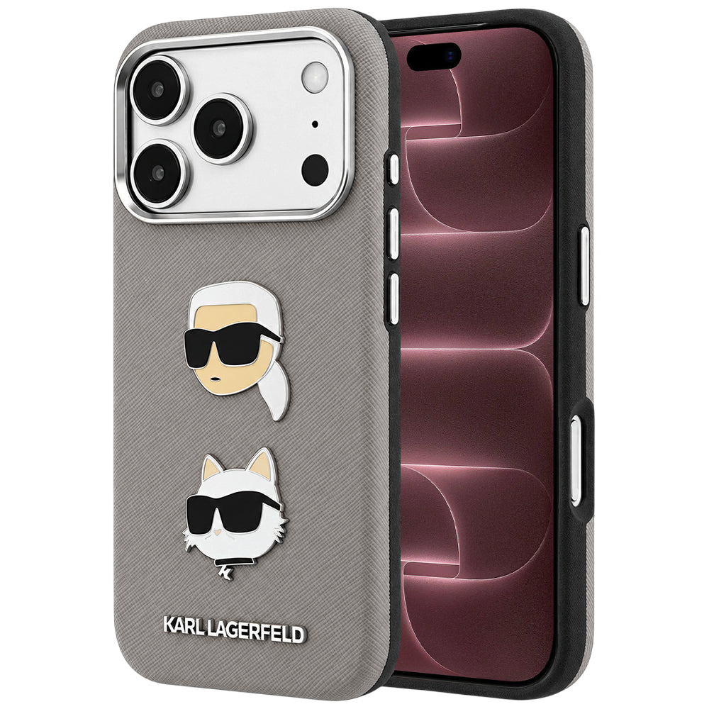 Husa pentru Apple iPhone 18 Pro Max / 17 Pro Max, Karl Lagerfeld, Saffiano with Karl & Choupette Head's Pin and Logo, Gri