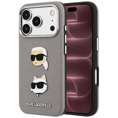 Husa pentru Apple iPhone 18 Pro Max / 17 Pro Max, Karl Lagerfeld, Saffiano with Karl & Choupette Head's Pin and Logo, Gri