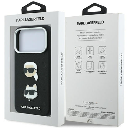Husa pentru Apple iPhone 18 Pro Max / 17 Pro Max, Karl Lagerfeld, Saffiano with Karl & Choupette Head's Pin and Logo, Neagra