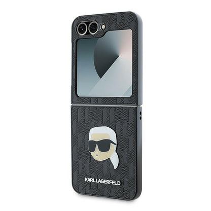 Husa pentru Samsung Galaxy Z Flip7 FE F761 / Z Flip6 F741, Karl Lagerfeld, Saffiano Monogram Karl's Head Metal, Neagra