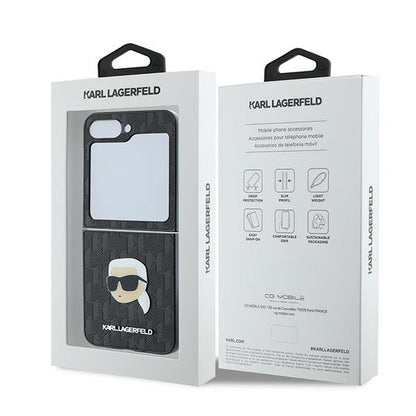 Husa pentru Samsung Galaxy Z Flip7 FE F761 / Z Flip6 F741, Karl Lagerfeld, Saffiano Monogram Karl's Head Metal, Neagra