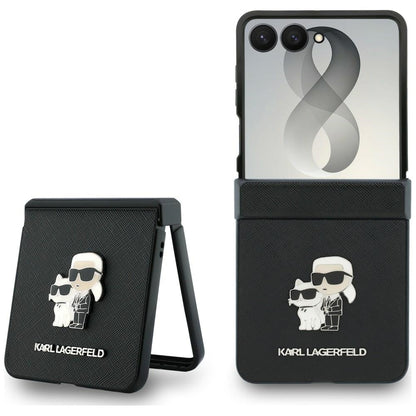 Husa pentru Samsung Galaxy Z Flip8 F776, Karl Lagerfeld, Saffiano Karl & Choupette Metal Pin, Neagra