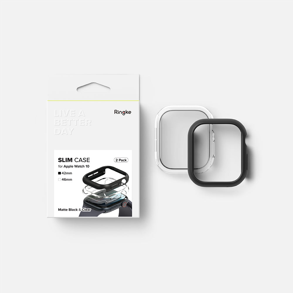 Husa Ringke Slim pentru Apple Watch Series 10 / 11 46mm, Set 2 bucati, Neagra Mata / Transparenta