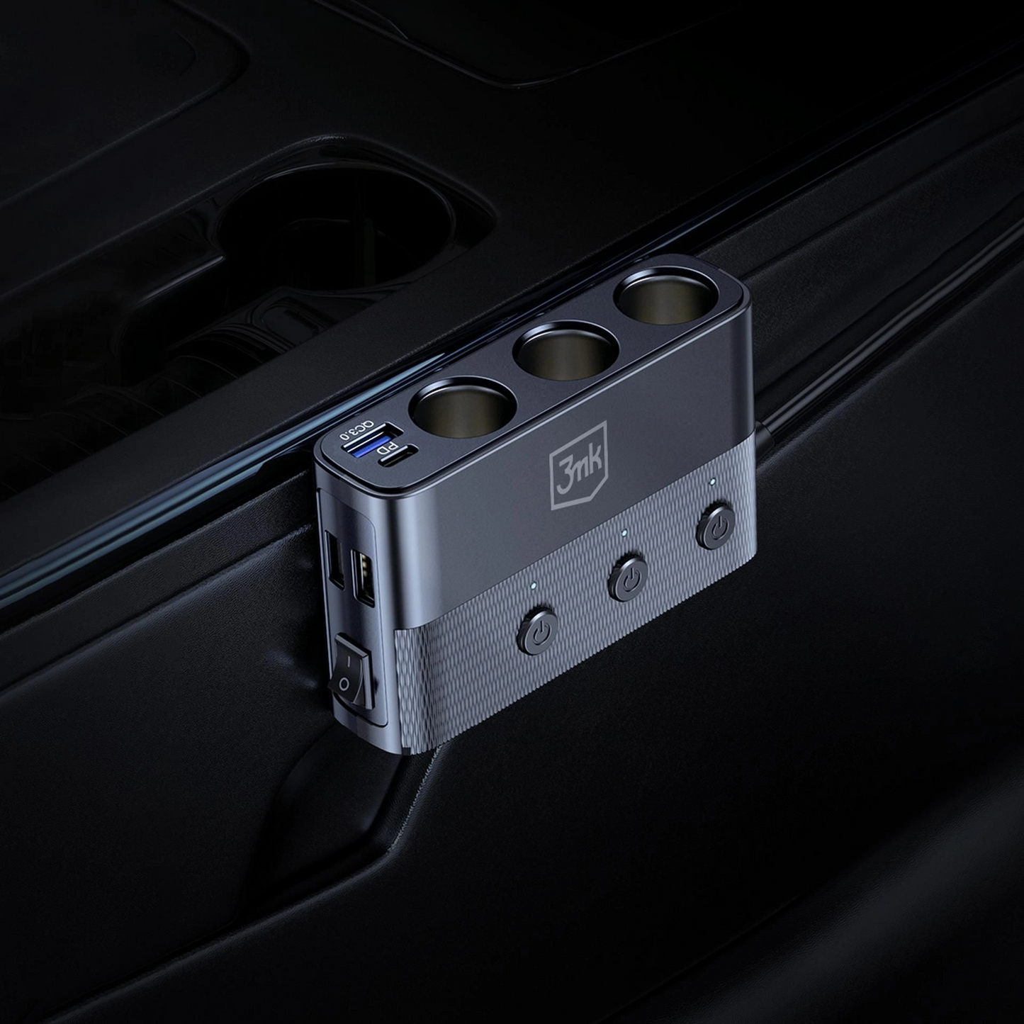 Incarcator Auto 3MK Power Splitter, 120W, 3A, 3 x USB-A - 1 x USB-C - 3 x Extensie Bricheta, Negru
