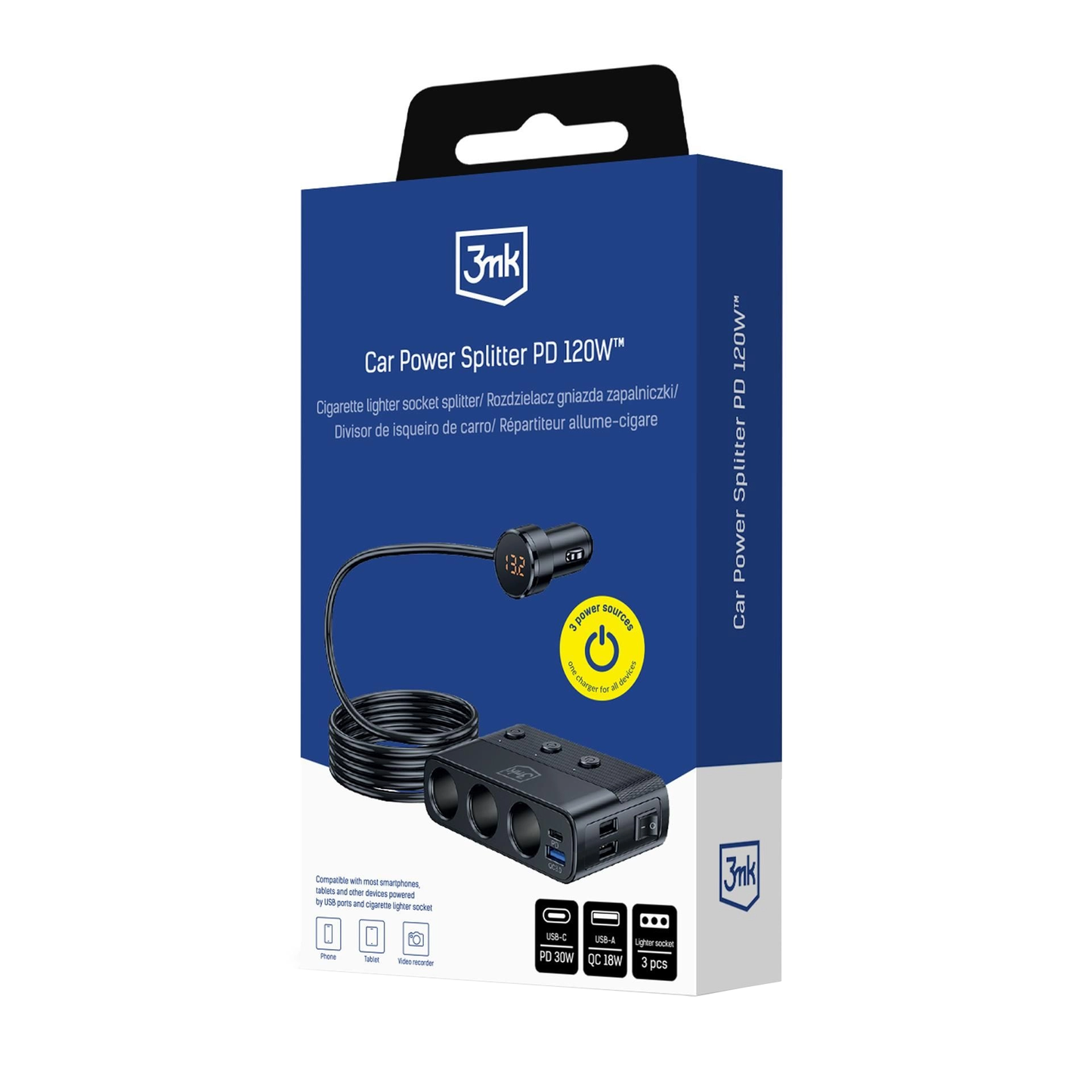 Incarcator Auto 3MK Power Splitter, 120W, 3A, 3 x USB-A - 1 x USB-C - 3 x Extensie Bricheta, Negru