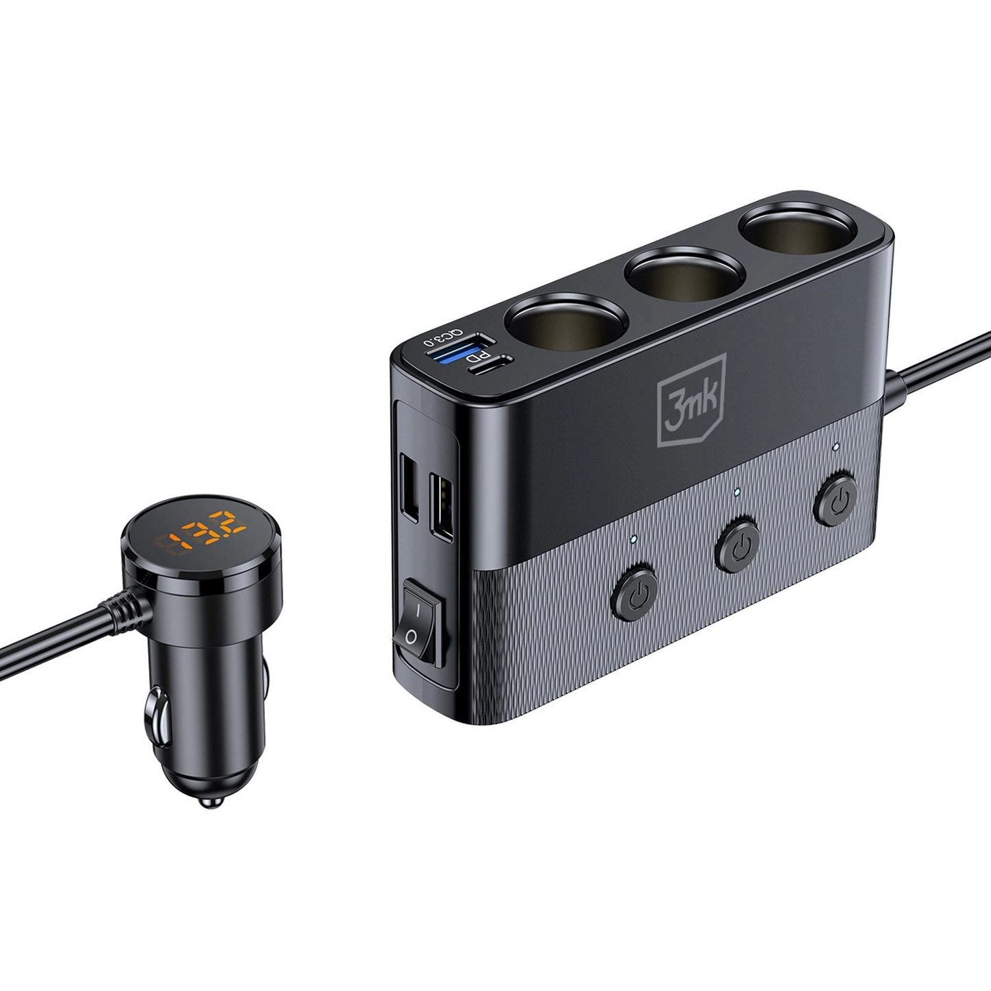 Incarcator Auto 3MK Power Splitter, 120W, 3A, 3 x USB-A - 1 x USB-C - 3 x Extensie Bricheta, Negru