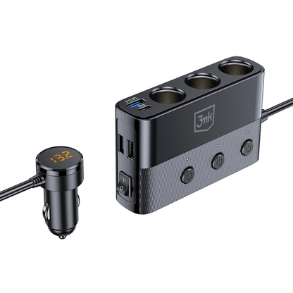 Incarcator Auto 3MK Power Splitter, 120W, 3A, 3 x USB-A - 1 x USB-C - 3 x Extensie Bricheta, Negru
