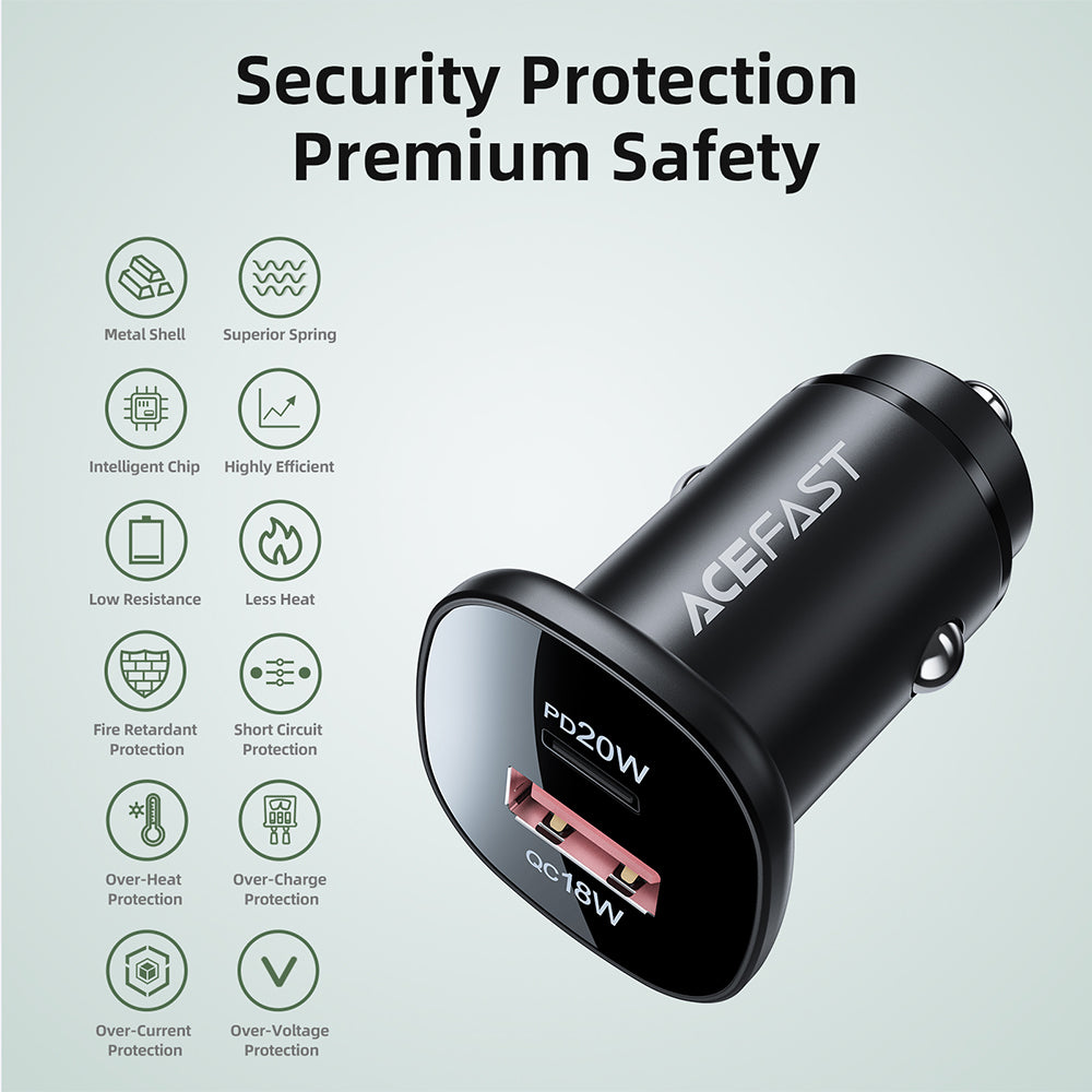 Incarcator Auto Acefast B1, 38W, 3A, 1 x USB-A - 1 x USB-C, Negru
