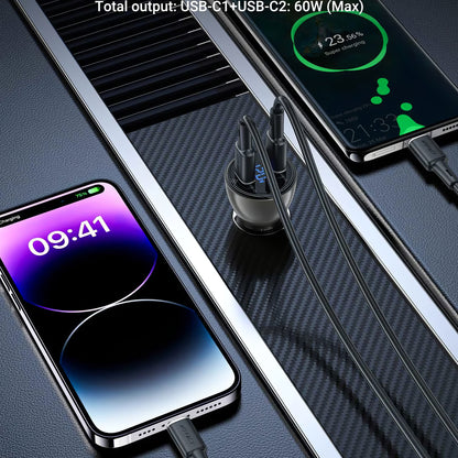 Incarcator Auto Acefast B10, 60W, 3A, 2 x USB-C, Negru