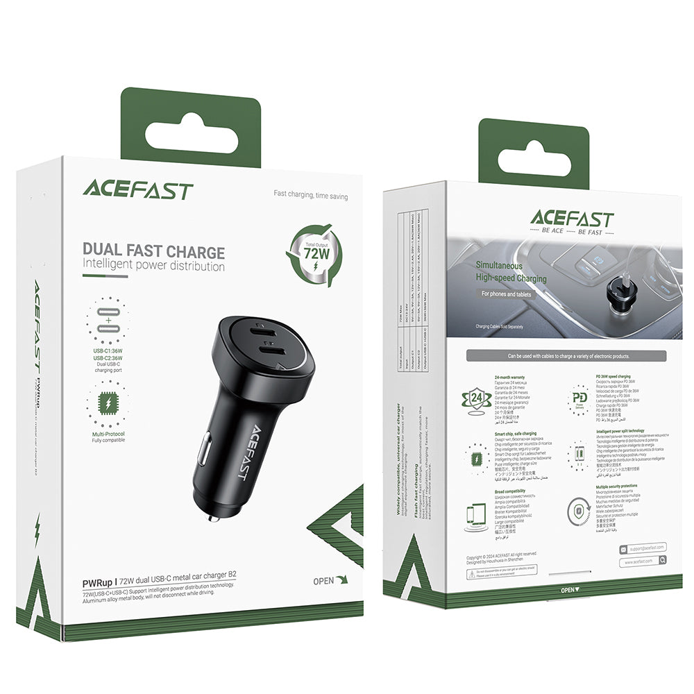 Incarcator Auto Acefast B2, 72W, 3A, 2 x USB-C, Negru