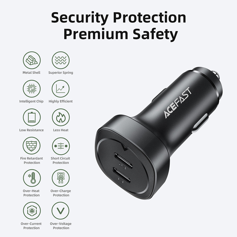 Incarcator Auto Acefast B2, 72W, 3A, 2 x USB-C, Negru