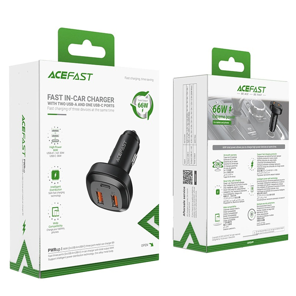 Incarcator Auto Acefast B9, 66W, 5A, 2 x USB-A - 1 x USB-C, Negru